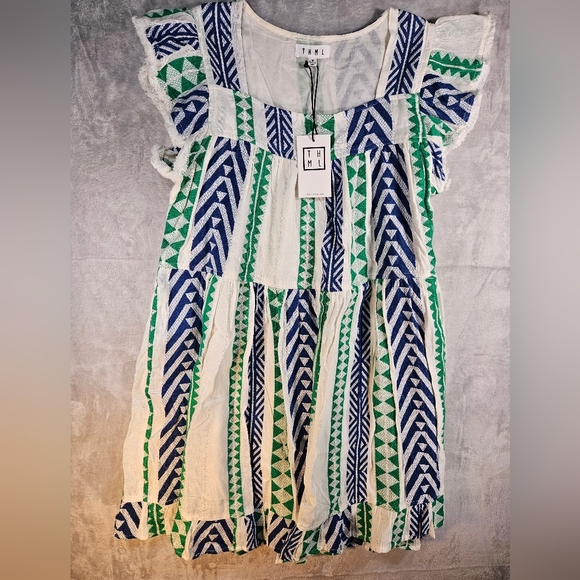 THML Dresses & Skirts - THML Flutter Fringe Sleeve Square Neck Chevron Print Blue Green Dress Size M